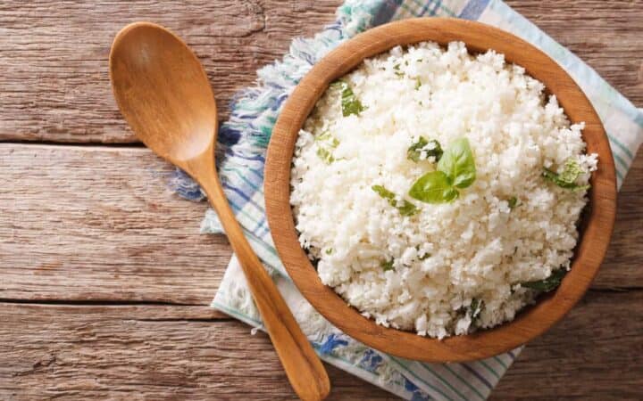 Cauliflower rice in a brown bowl