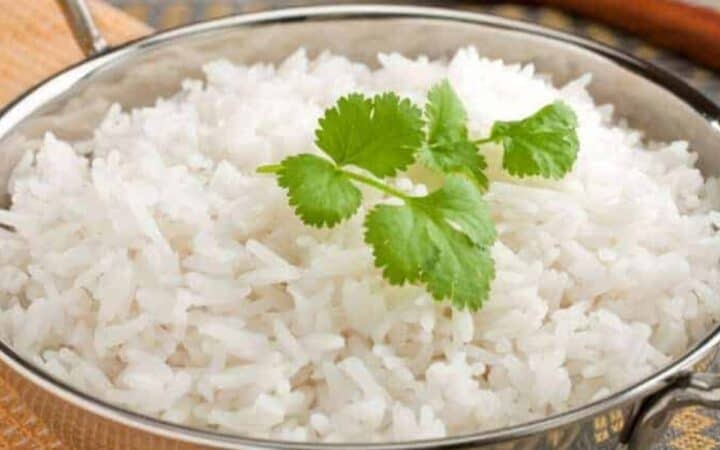 Instant Pot Basmati Rice served in a silver bowl with handles