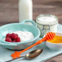 homemade yogurt in blue bowl with honey and berries