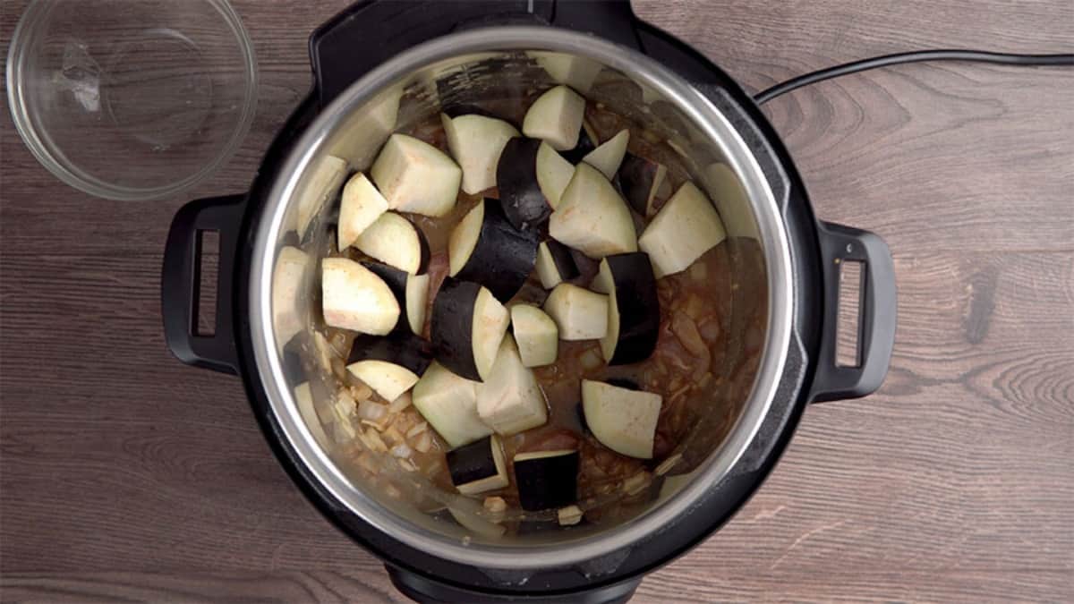 chopped raw eggplant in an instant pot
