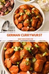 Pinterest graphic. German Currywurst with text overlay