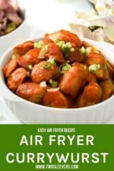 Pinterest graphic. German Currywurst with text overlay