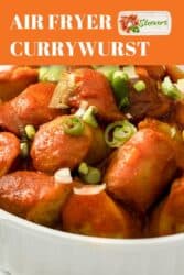 Pinterest graphic. German Currywurst with text overlay