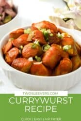 Pinterest graphic. Duitse Currywurst met tekst overlay