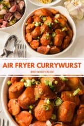 Pinterest graphic. German Currywurst with text overlay