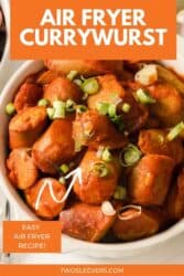 Pinterest graphic. German Currywurst with text overlay