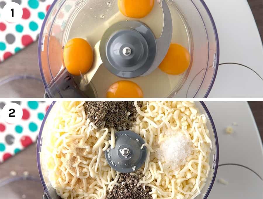 Image shows steps 1 and 2 of making low carb pizza crust. The first image shows eggs in a food processor with the number 1 in the top left corner. Below that is an image of cheese and seasonings in a food processor with a number 2 in the upper left corner.