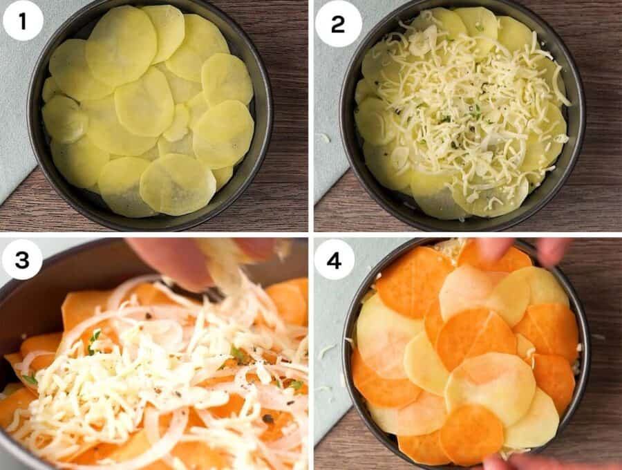 Four shots to show how to layer the potatoes and cheese