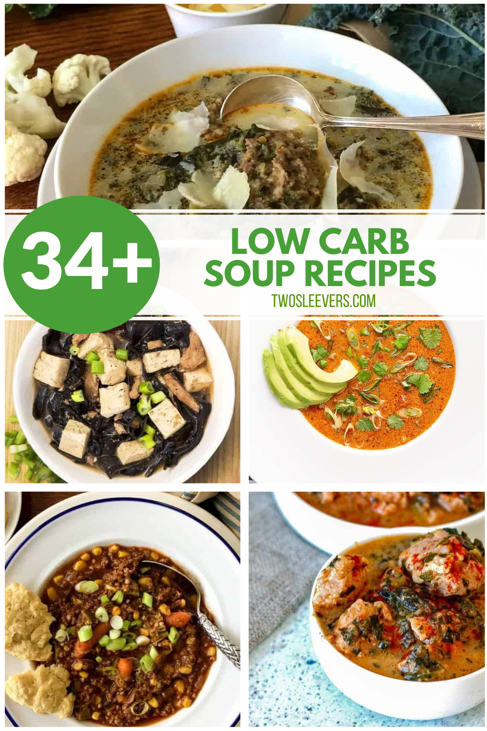 A collage of 5 low carb soups in white bowls.