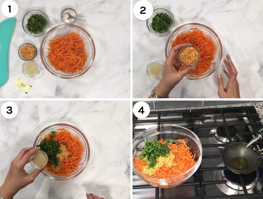 First four process steps to making carrot salad.
