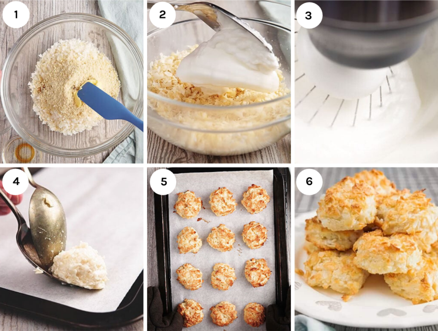 Images of step by step instructions on how to make keto coconut macaroons.