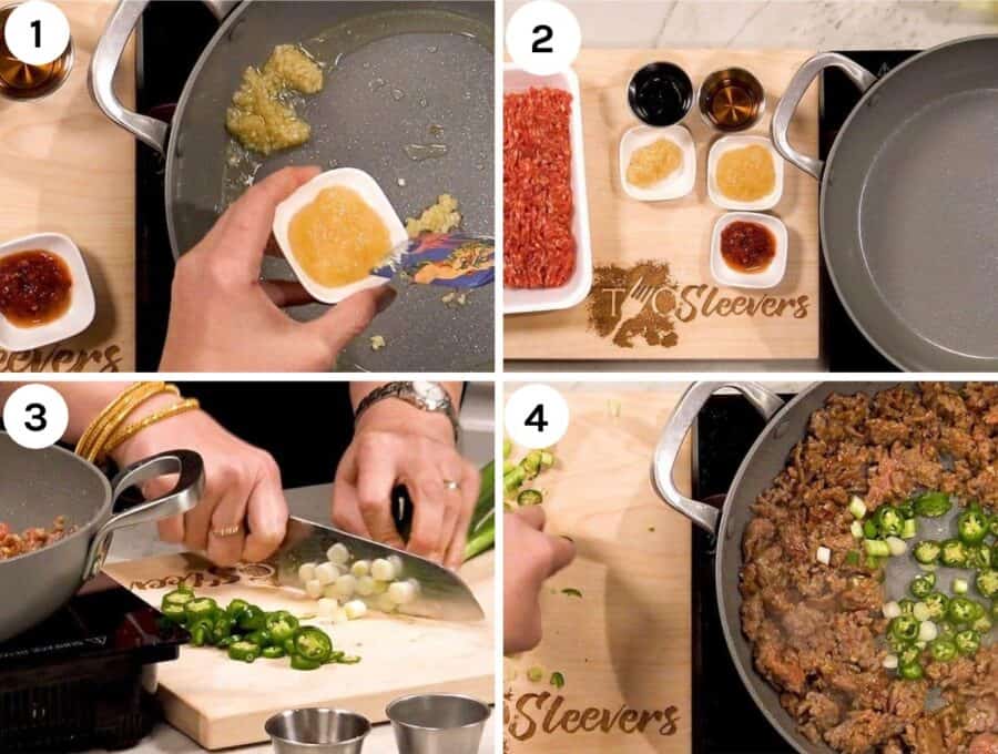 The first 4 process steps in making Pork Stir Fry.