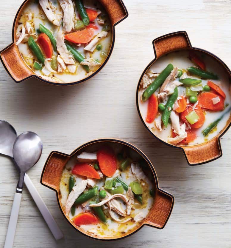 three bowls of chicken pot pie soup