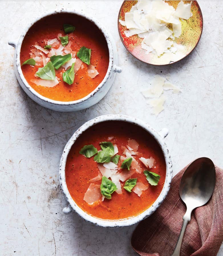 image of three bowls of tomato pesto soup
