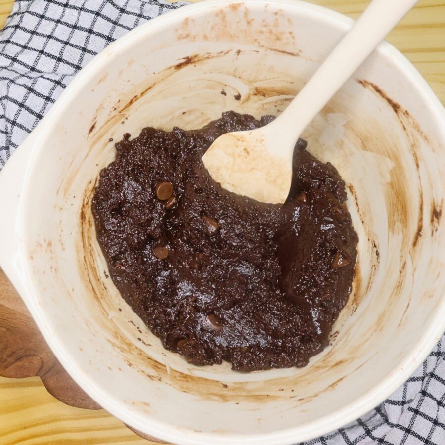 Air Fryer Brownie Batter in a mixing bowl with a silicone spatula