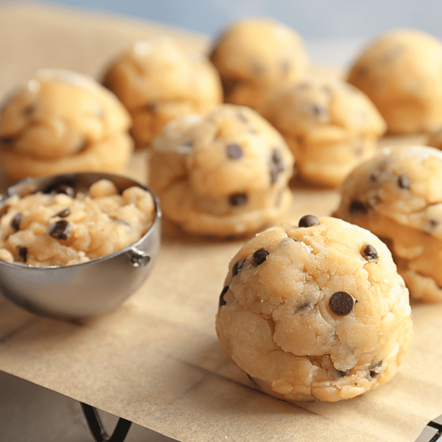 Cookie dough bites on parchment paper