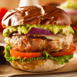 Close up picture of a garnished air fryer turkey burger
