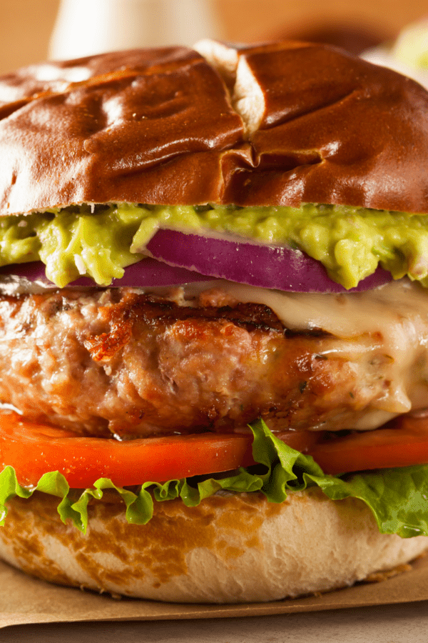 Close up picture of a garnished air fryer turkey burger