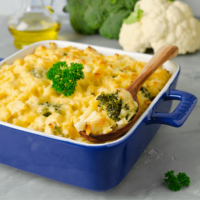 Chicken Bacon Ranch Casserole in a blue baking dish