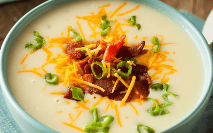 Instant Pot Potato Soup in a teal bowl
