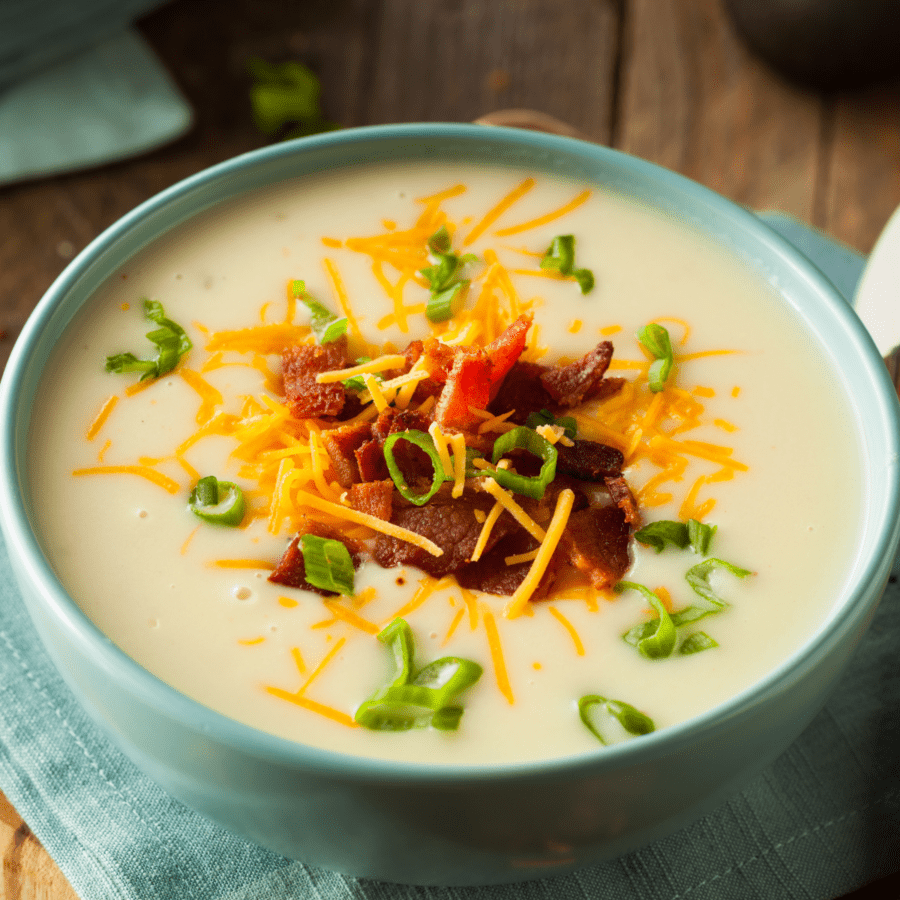 Instant Pot Potato Soup in a teal bowl 