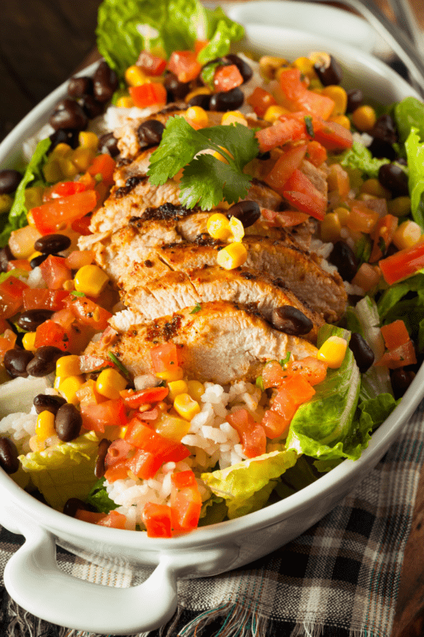 Overhead view of a Copycat Chipotle Burrito Bowl in a white pan