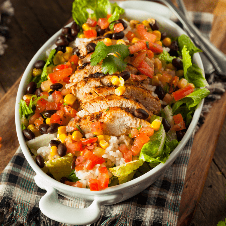 Overhead view of a Copycat Chipotle Burrito Bowl in a white pan