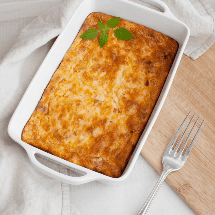 Overhead view of Keto Breakfast Casserole in a white casserole dish