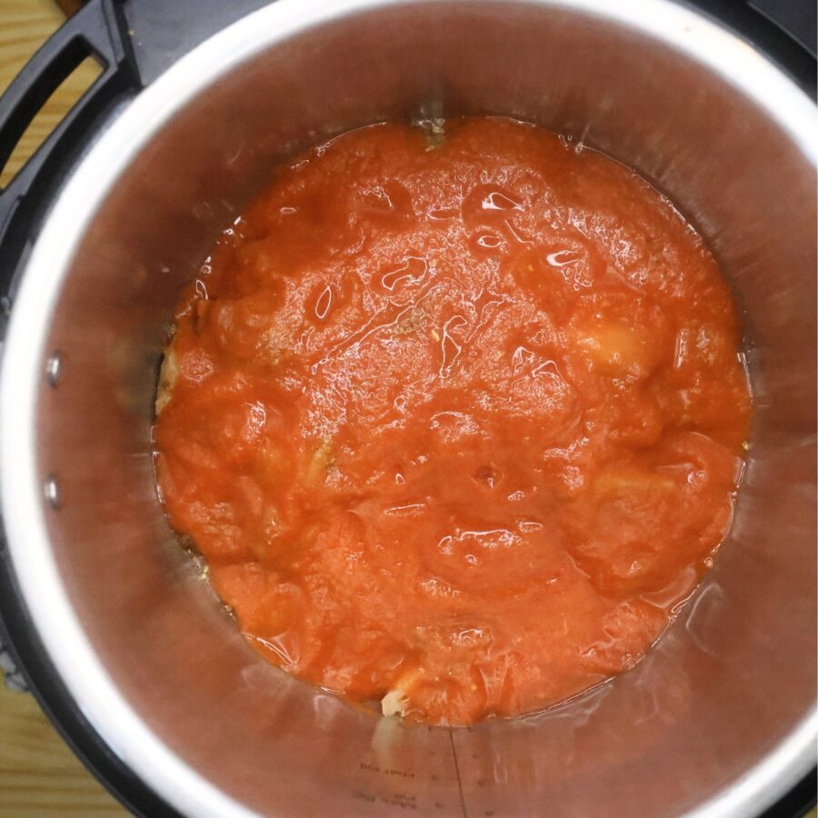 Diced chicken in an Instant Pot liner covered in salsa