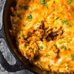 Cheeseburger casserole in a cast iron casserole dish