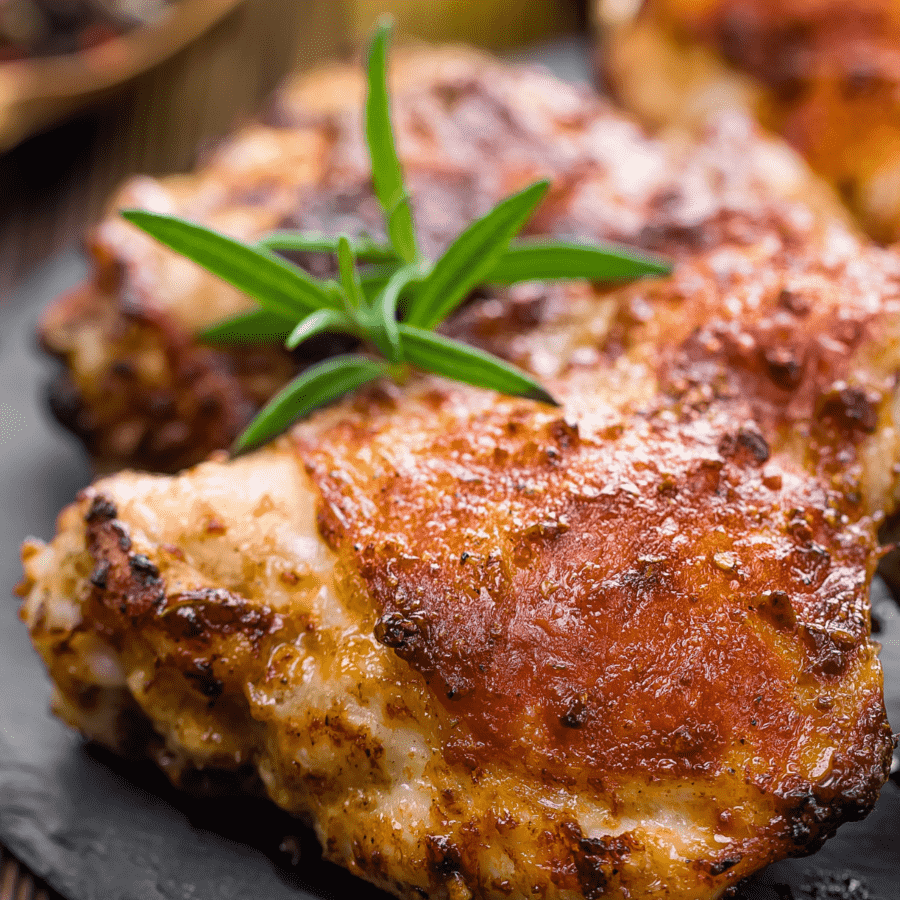 Grilled chicken thighs with an herb garnish