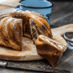 Marble cake with a slice taken out of it