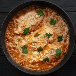 Overhead image of marry me chicken in a skillet