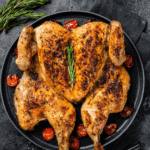 Spatchcock chicken in a pan with roasted tomatoes and herbs - 9