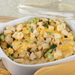 Chicken Divan in a white casserole dish