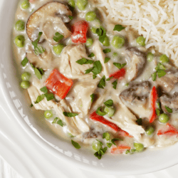 close up of chicken a la king on a white plate
