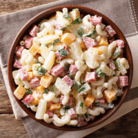 Overhead image of Hawaiian Mac Salad in a wooden bowl