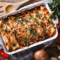 Wet Burrito bake in a white casserole dish