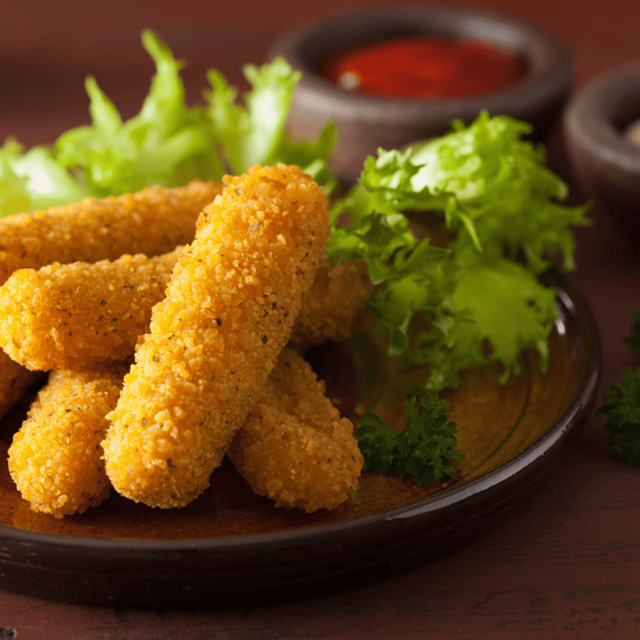 Air Fryer Mozzarella Sticks on a plate with dipping sauce