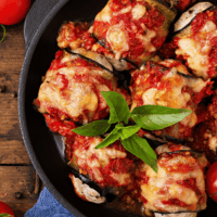 closeup of eggplant rollatini in a skillet