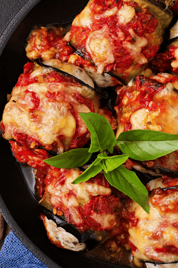 closeup of eggplant rollatini in a skillet
