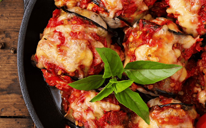 closeup of eggplant rollatini in a skillet
