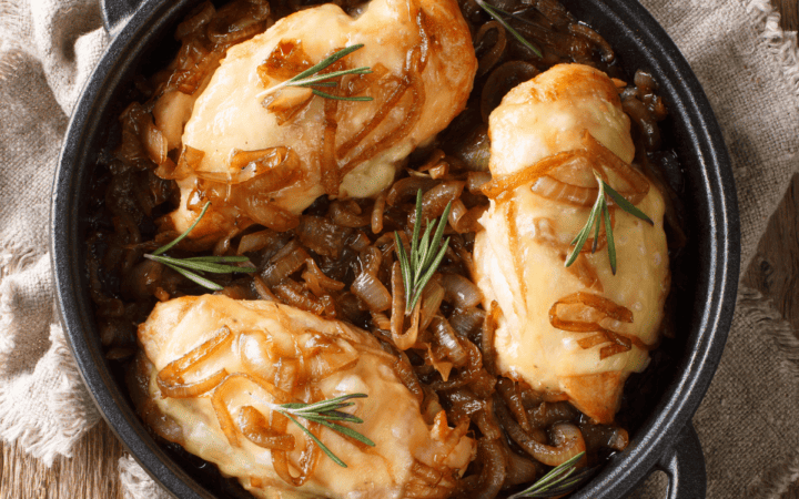 French Onion Chicken in a cast iron skillet