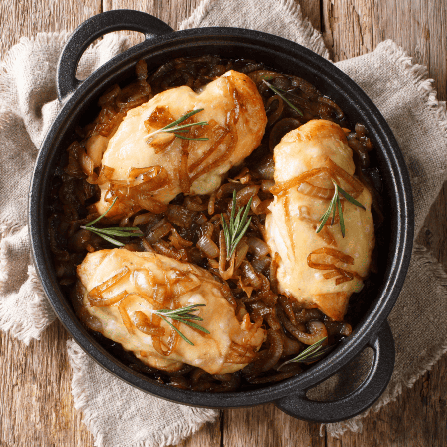 French Onion Chicken in a cast iron skillet