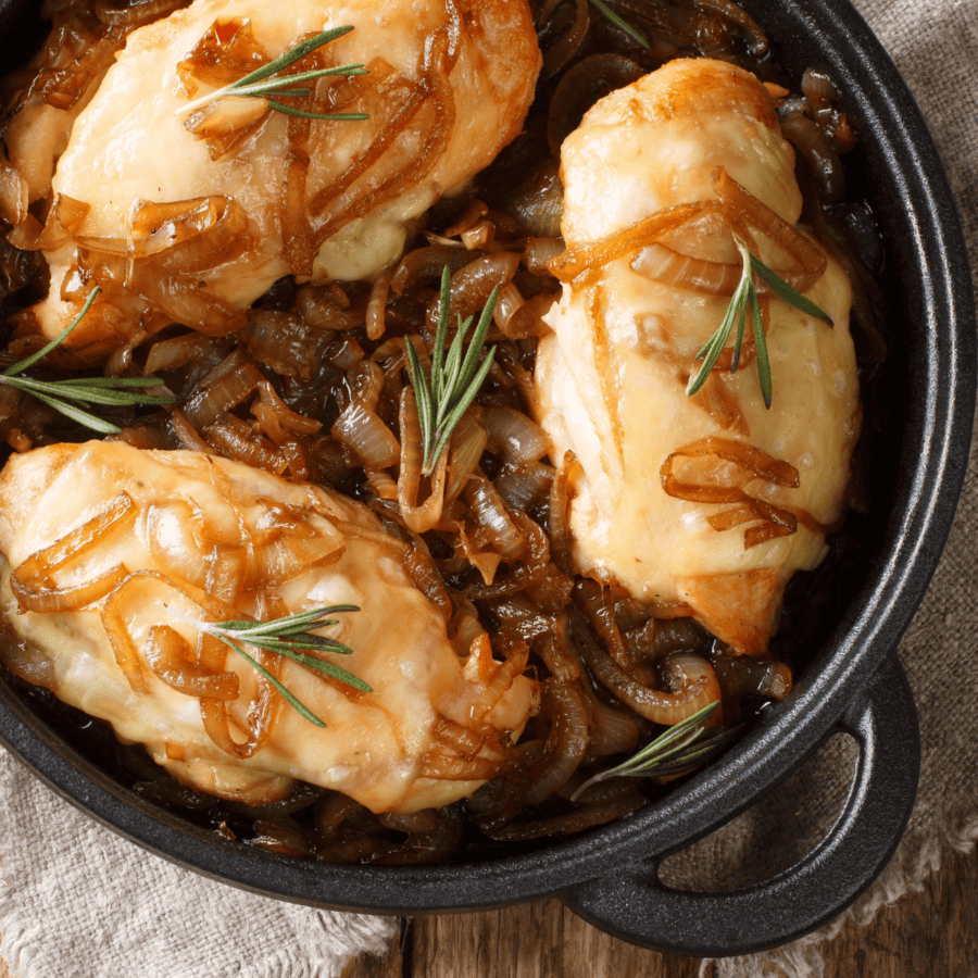 Close up of French Onion Chicken in a skillet