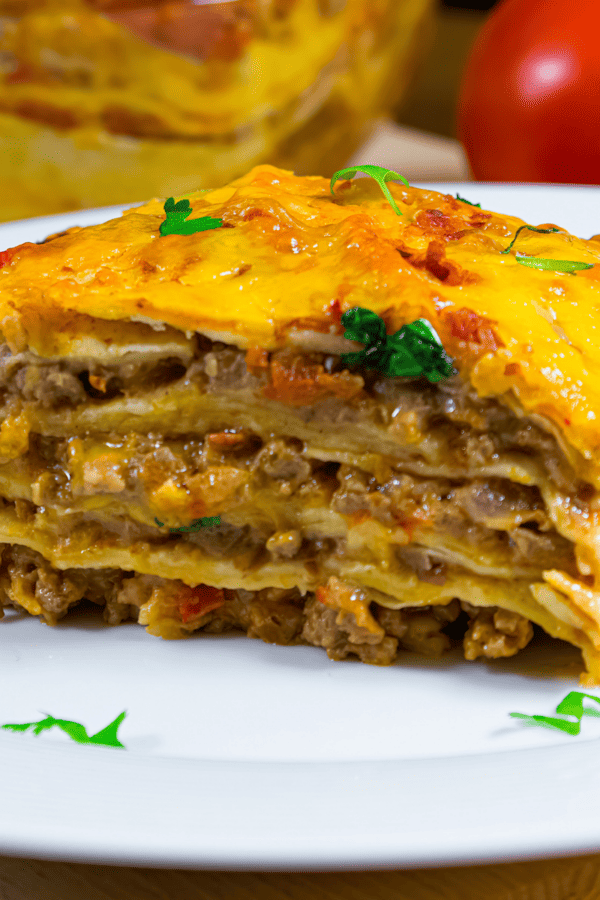 Mexican Lasagna on a white plate