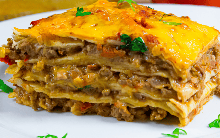 Mexican Lasagna on a white plate