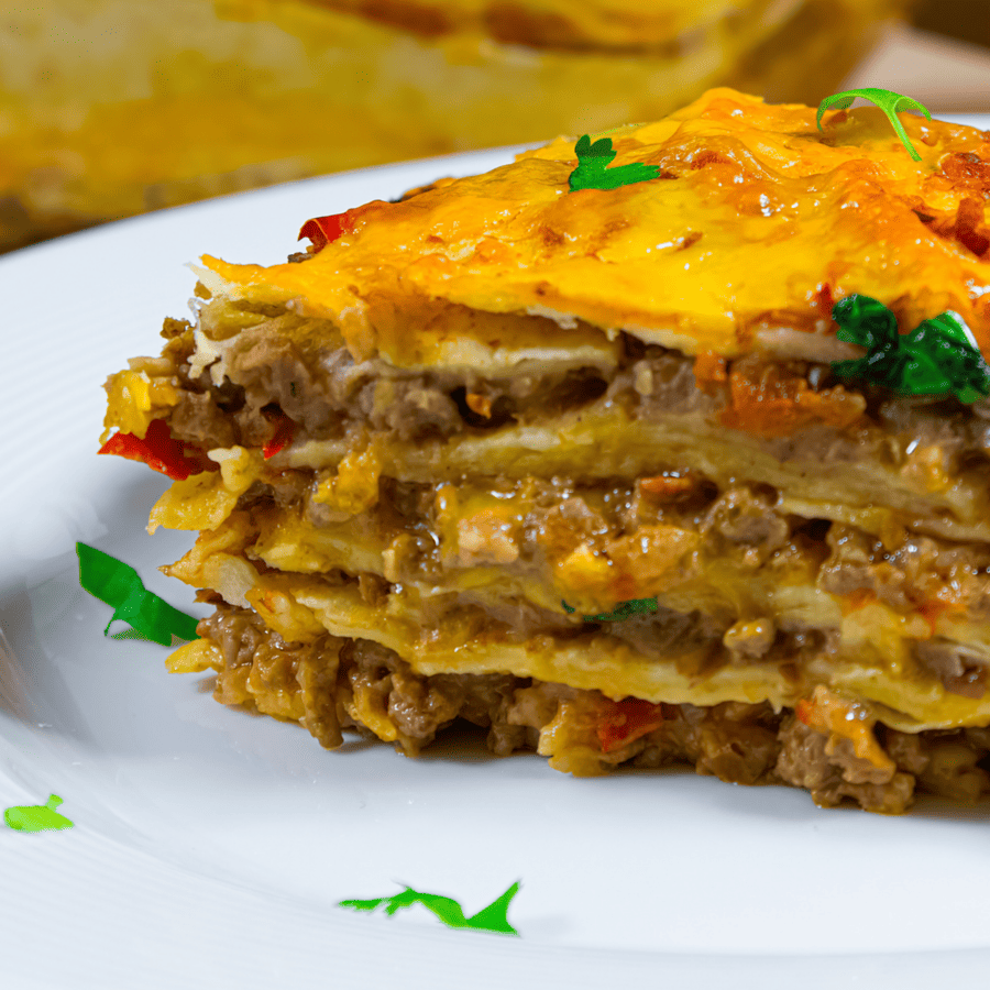 Close up of Mexican lasagna on a white plate