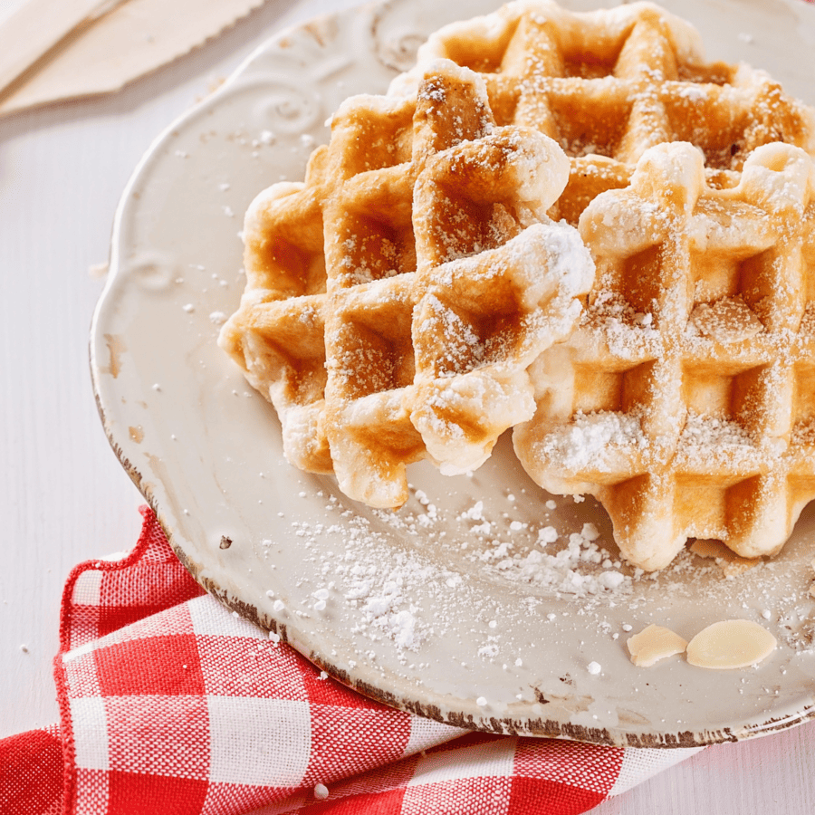 Closeup of Protein Waffles on a white plate and red and white checked napkin