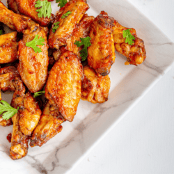 Close up image of crispy chicken wings